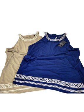 Adrianna Papell Womens Embroidered Tank Tops Blue & Beige Casual Sleeveless Desi